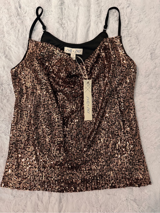 She + Sky Tops - NWT she + sky brown sequin spaghetti strap tank top cowl neckline